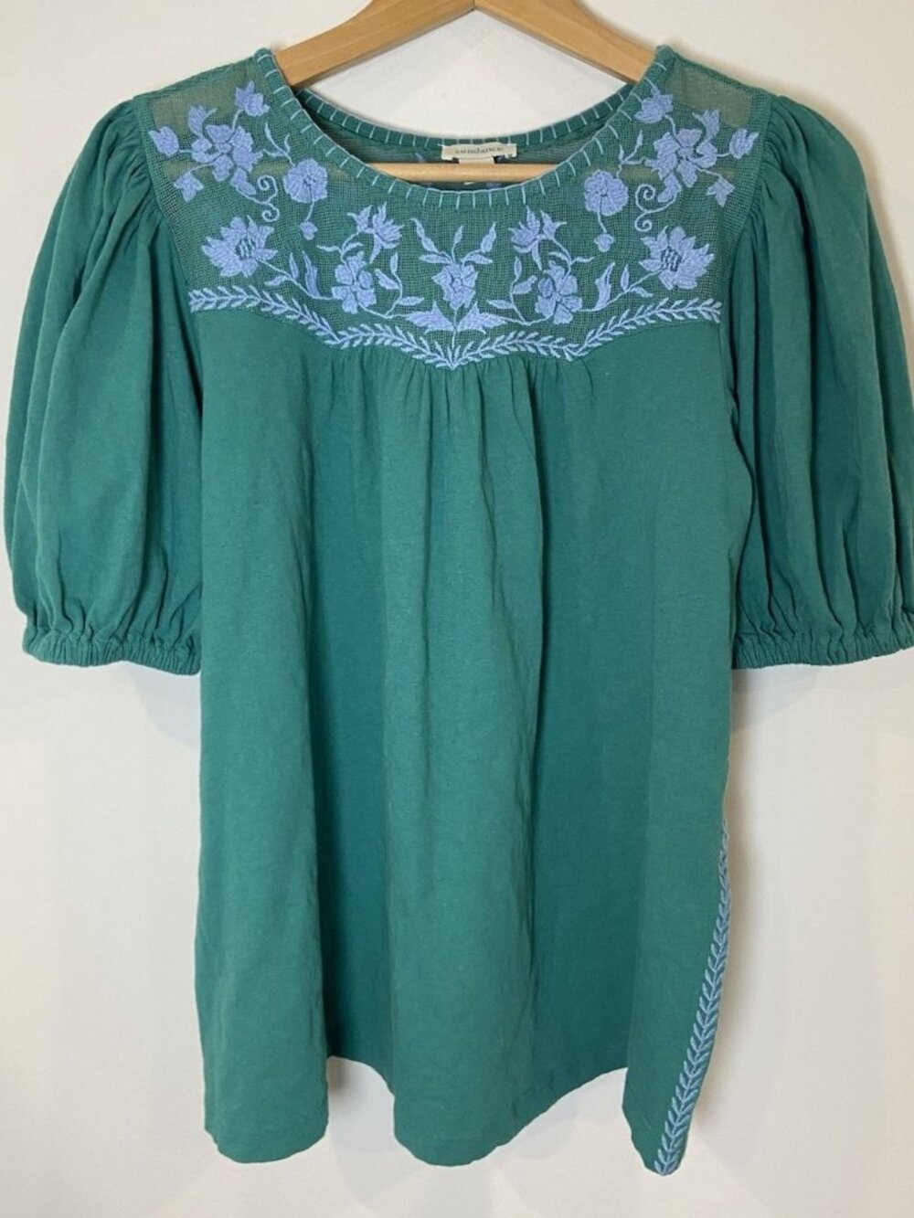 Sundance Shirt Top Boho Embroidery Mesh Green Blue Size Medium M